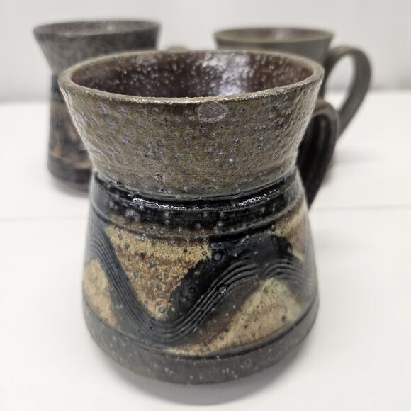 Vintage Studio Pottery Set of 4 Small Glazed Stoneware Mugs 4" Signed Coffee Mug - Picture 7 of 7